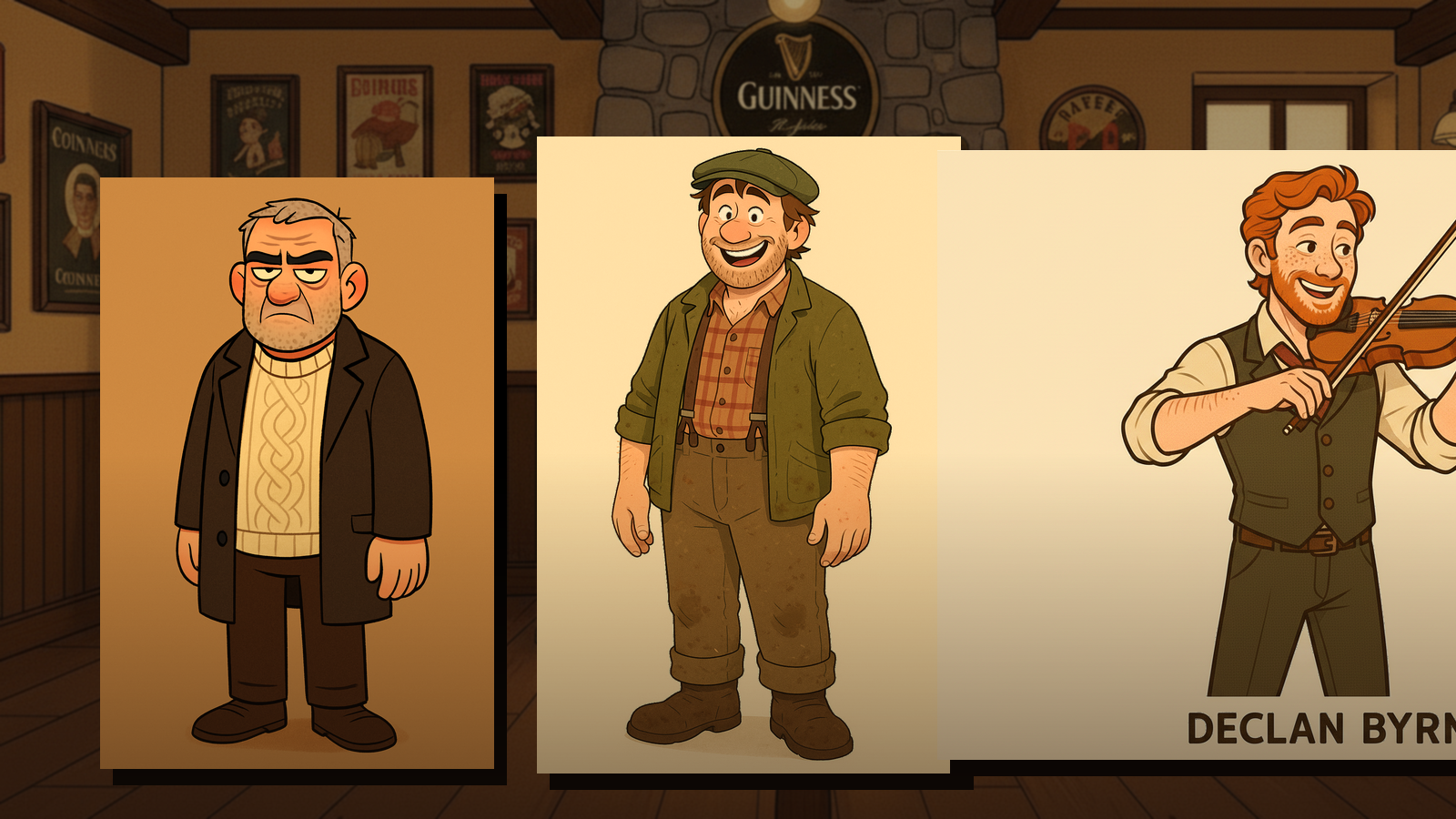 Shenanigans & Stout animated web cartoon concept featuring Paddy, Fergus, and Declan in Michael's Pub